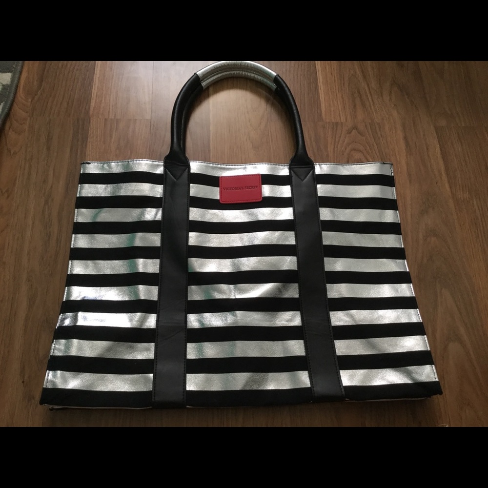 Black & Silver Striped Victoria's Secret Tote
